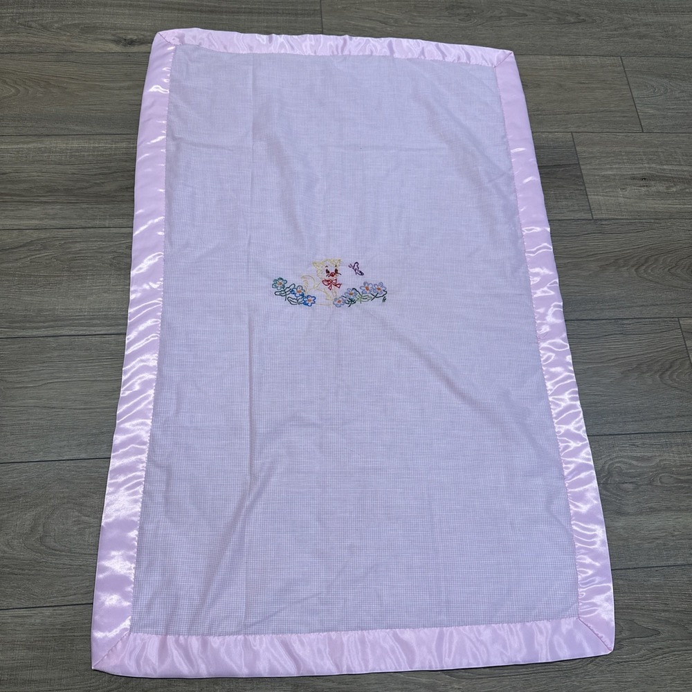 Vtg Handmade Cross Stitchโ Baby Animal Cat Flower Pink Blanket 43"x28" Nursery